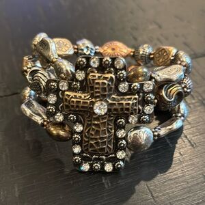 Mixed Metal Crystal Cross Stretch Bracelet - Brown/Gold/Silver